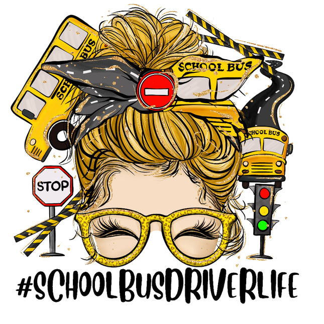 A fabric panel with a design featuring a school bus driver 