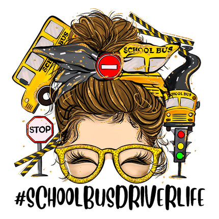 A fabric panel with a design representing a school bus driver, including an illustration of a school bus, stop sign, and road markings.