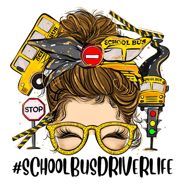 A fabric panel with a design representing a school bus driver, including an illustration of a school bus, stop sign, and road markings.