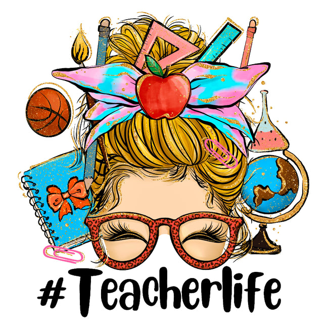 A fabric panel with a design that includes a stylized face with glasses and a apple on top, surrounded by educational themed items like a globe, notebook, and paint brushes, with the hashtag #Teacherlife.