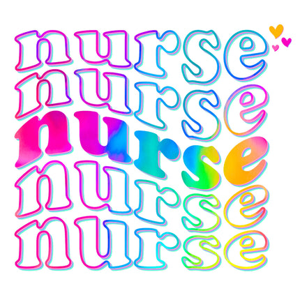 A fabric panel with the word 'nurse' printed multiple times in a colorful, cursive 