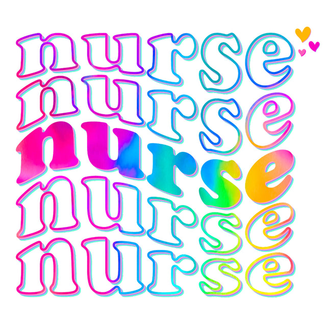 A fabric panel with the word 'nurse' printed multiple times in a colorful, cursive 