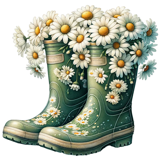 A pair of green rubber boots with a floral pattern quilt panel