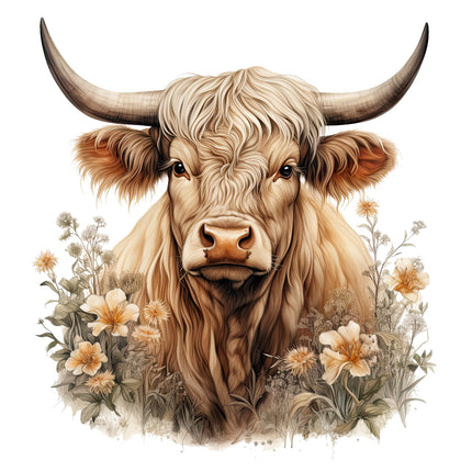 A digitally printed 100% cotton fabric panel featuring a highland cow