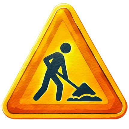 A fabric panel block with a digital print of a construction sign, featuring an illustration of a person digging with a shovel, set on a yellow background with a triangular border.