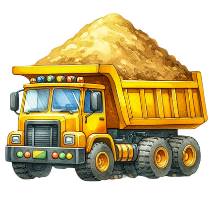 A digitally printed 100% cotton fabric panel featuring a yellow construction vehicle with soil in the back.