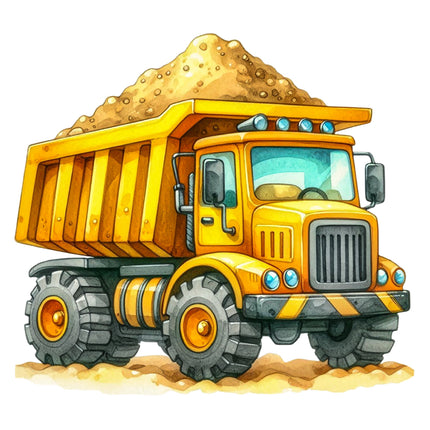 A digitally printed 100% cotton fabric panel featuring a yellow construction truck