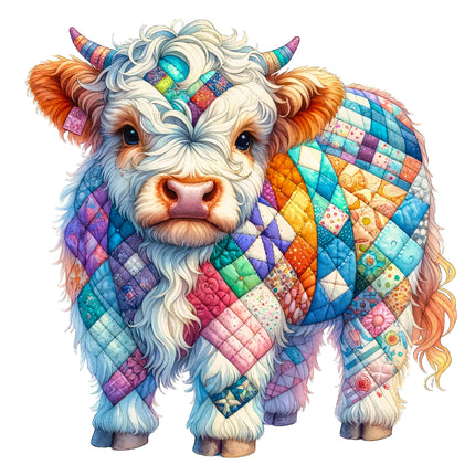 A digitally printed 100% cotton fabric panel featuring a colorful patchwork design of a cow.