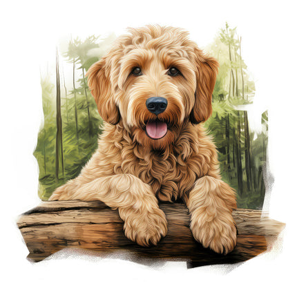 A digitally printed fabric panel featuring a goldendoodle dog sitting on a wooden log with a forest background.