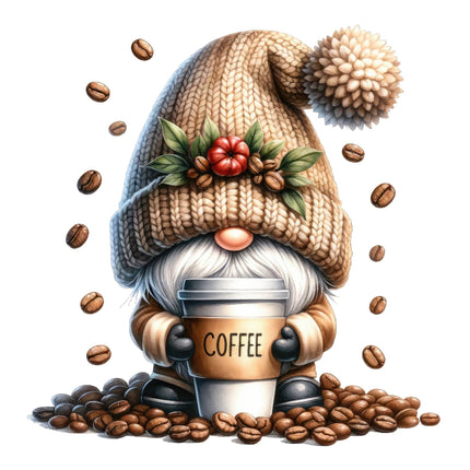 A digitally printed fabric panel featuring a stylized gnome holding a coffee cup, with a knit hat adorned with coffee beans and a bow, seated amidst scattered coffee beans.