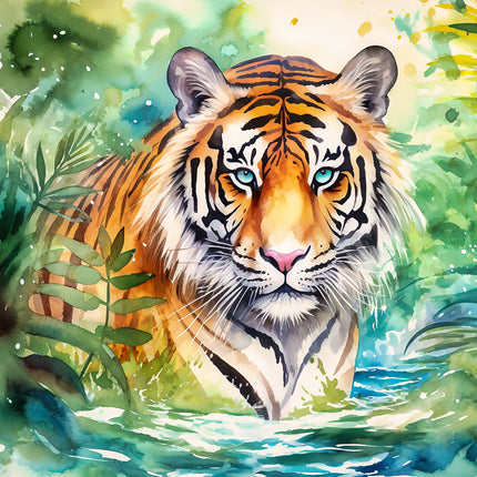 A digitally printed 100% cotton fabric panel featuring a blocks pattern with a majestic tiger design in vibrant colors.