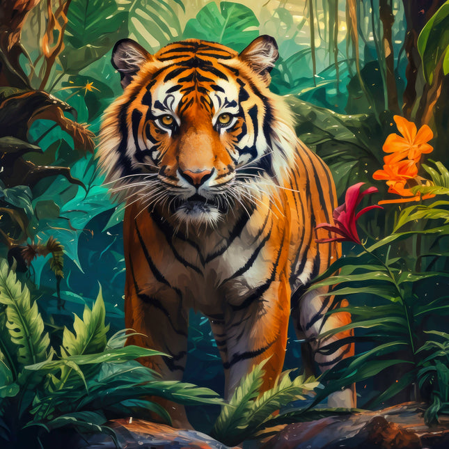 A digitally printed 100% cotton fabric panel featuring a realistic image of a tiger in a jungle setting.