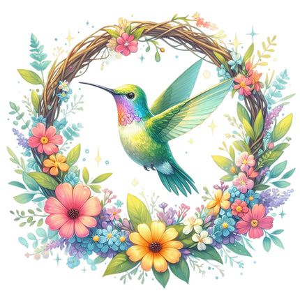 A colorful fabric panel featuring a hummingbird surrounded by a floral wreath.