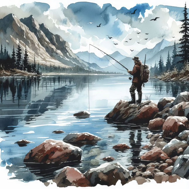Fishing scene with a person on rocks by a lake, surrounded by mountains and trees quilt block