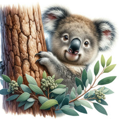 A digitally printed 100% cotton fabric panel featuring a cute koala bear sitting on a tree with eucalyptus leaves.