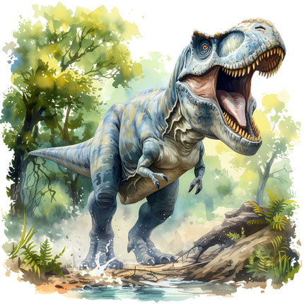 A digitally printed 100% cotton fabric panel featuring a realistic illustration of a dinosaur in a prehistoric landscape.