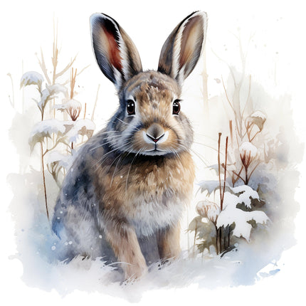 A digitally printed 100% cotton fabric panel featuring a realistic image of a bunny in a wintery setting with snow and frost.