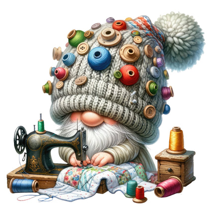 A digitally printed fabric panel featuring a whimsical gnome sitting at a sewing machine with colorful buttons and fabric.
