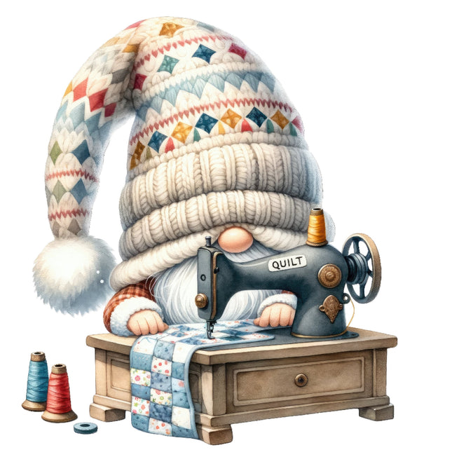 A digital illustration of a gnome sitting at a sewing machine with a quilt on the table. The gnome is wearing a knit hat with a geometric pattern and the sewing machine has a 'QUILT' label on it.