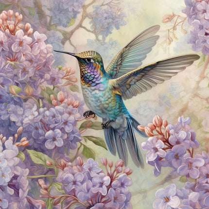 A fabric panel featuring a digitally printed hummingbird with blue and green feathers among purple flowers.