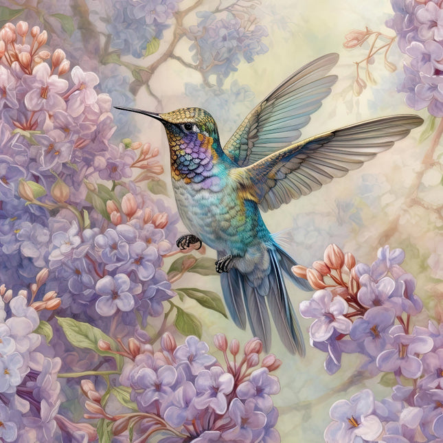 A fabric panel featuring a digitally printed hummingbird with blue and green feathers among purple flowers.