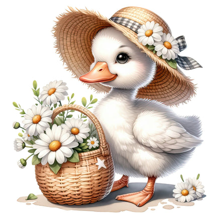 A digital image of a white goose wearing a straw hat with a checkered band, standing next to a wicker basket filled with white daisy flowers.