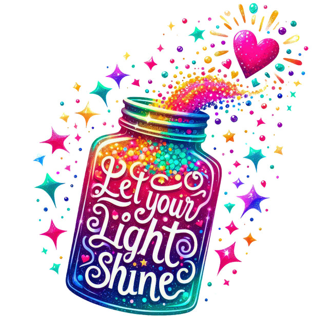 A colorful fabric panel with a jar and the phrase 'Let Your Light Shine' written inside, surrounded by colorful stars and a heart.