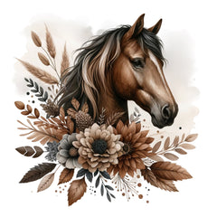 A fabric panel featuring a boho style design with a brown horse's head