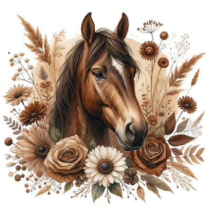 A fabric panel featuring a boho style illustration of a brown horse head with surrounding floral and botanical elements in brown and beige tones.