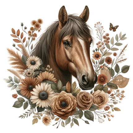 floral brown horse quilt panel