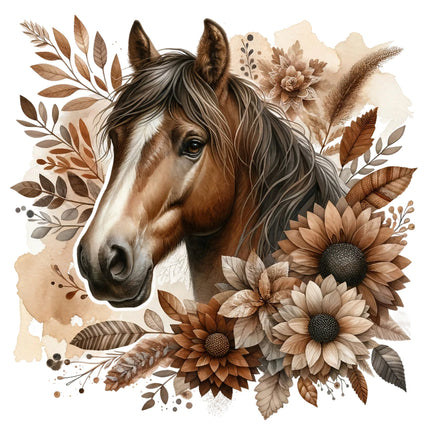 A fabric panel featuring a brown horse head with floral and leaf designs in a boho style on a beige background.