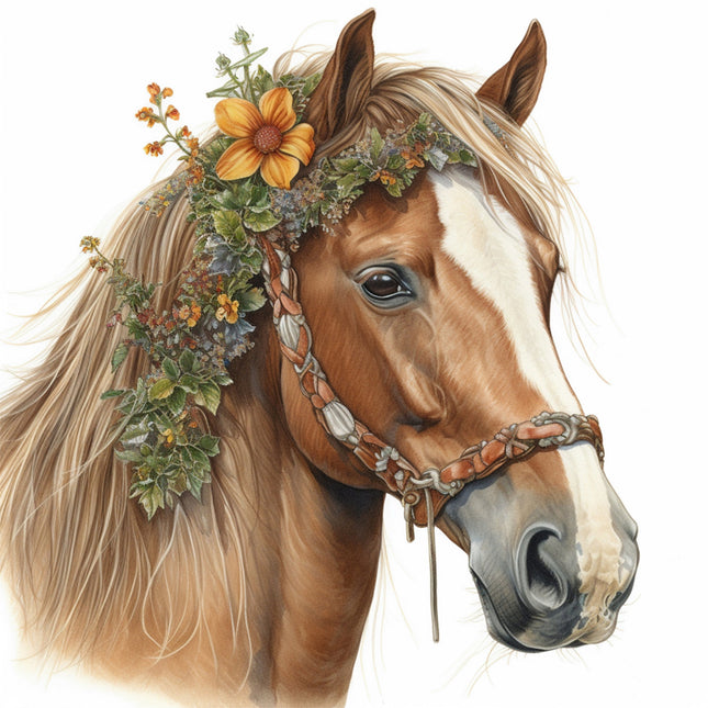 A fabric panel featuring a floral horse with a crown of flowers on its head, predominantly brown and white colors.