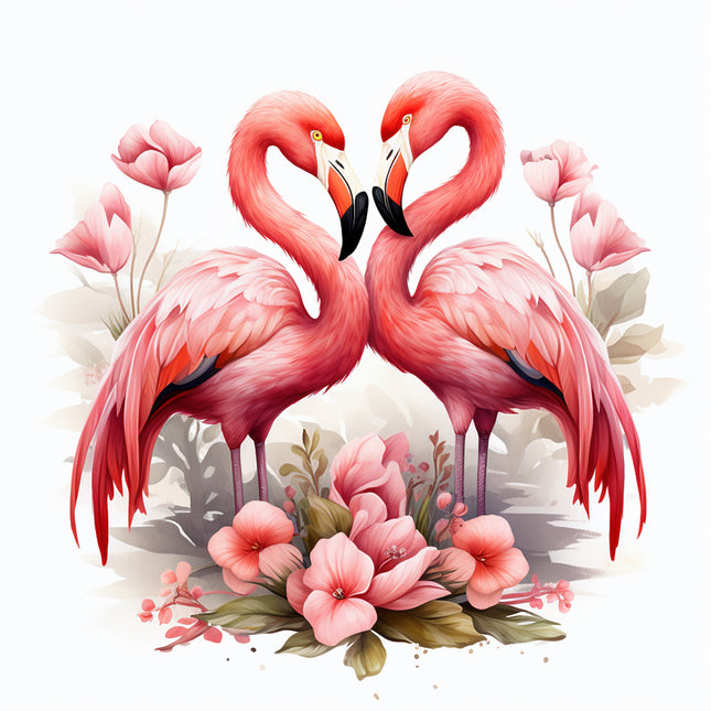 Two pink flamingos standing close together with flowers fabric panel