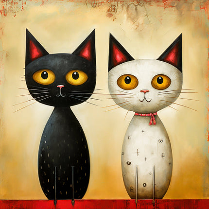 A digitally printed 100% cotton fabric panel featuring two stylized cats, one black and one white, with large eyes and simple patterns on their bodies.