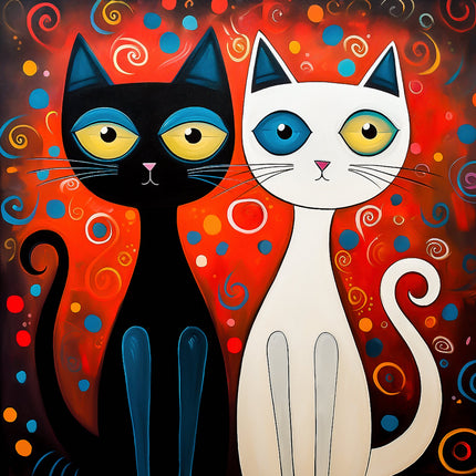 A fabric panel featuring a digitally printed design with two stylized cats, one black and one white, with oversized blue eyes, on a red background with multicolored dots and swirls.