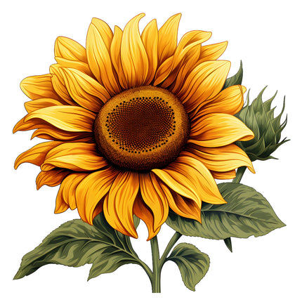 A digitally printed 100% cotton fabric panel featuring a block image of a sunflower with yellow petals and a brown center, surrounded by green leaves.