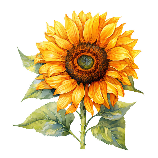 A digitally printed 100% cotton fabric panel featuring a sunflower with yellow petals and a brown center, surrounded by green leaves 