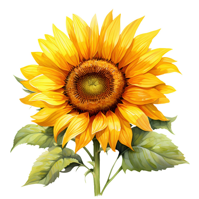 A digitally printed 100% cotton fabric panel featuring a sunflower with yellow petals and a brown center, accompanied by green leaves.