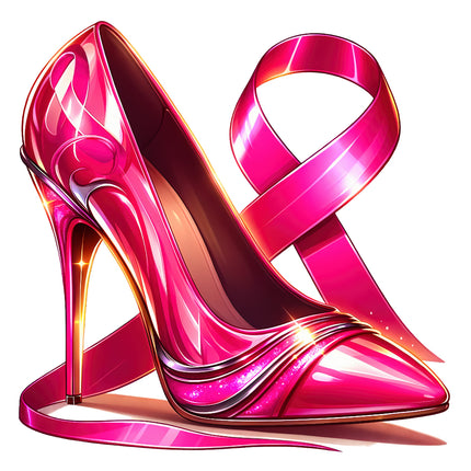 A digitally printed 100% cotton fabric panel featuring a pink high heel shoe and ribbon design, likely used for quilting and sewing.