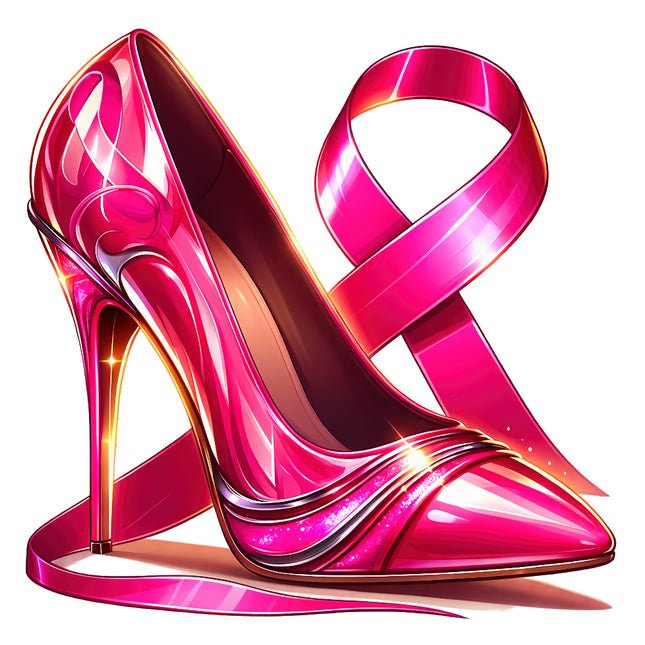 A digitally printed 100% cotton fabric panel featuring a pink high heel shoe and ribbon design, likely used for quilting and sewing.