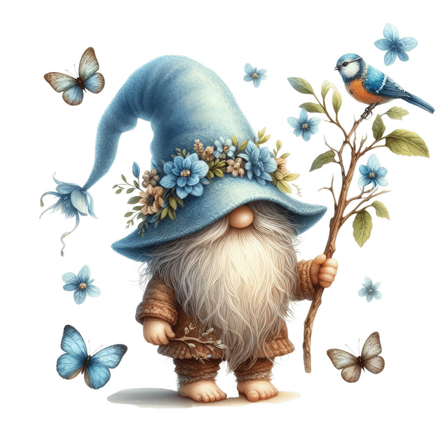 A digital illustration of a gnome wearing a blue hat fabric panel