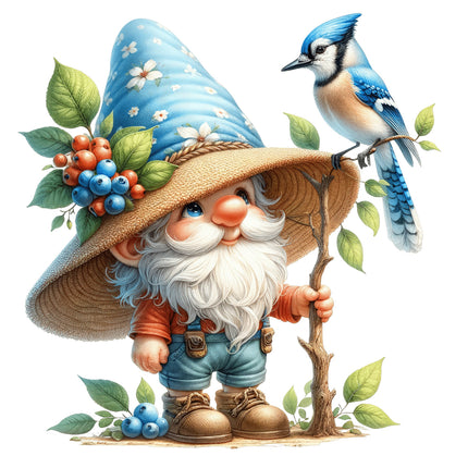 A digitally printed 100% cotton fabric panel featuring a cartoon gnome wearing a hat with blue berries and a blue jay bird perched on a branch.