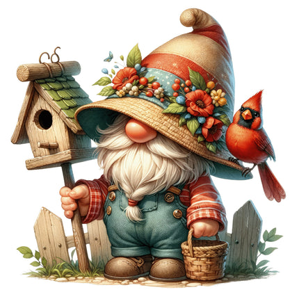 A digitally printed 100% cotton fabric panel featuring a gnome wearing a straw hat with flowers and a basket, alongside a red cardinal bird, on a quilt block background.