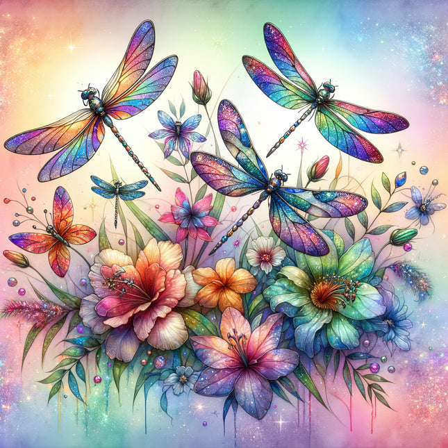 dragonflies and flowers fabric panel