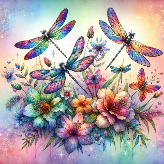 dragonflies and flowers fabric panel