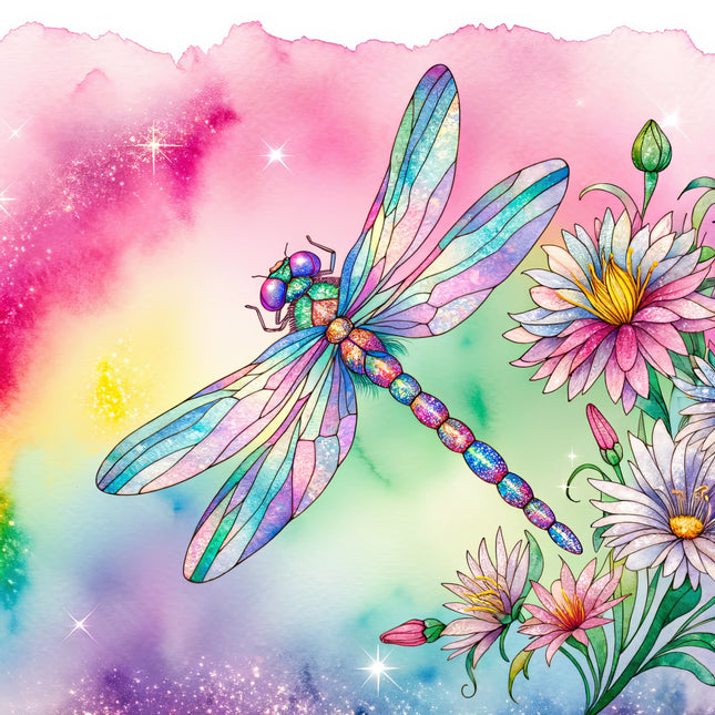 Colorful dragonfly and flowers fabric panel