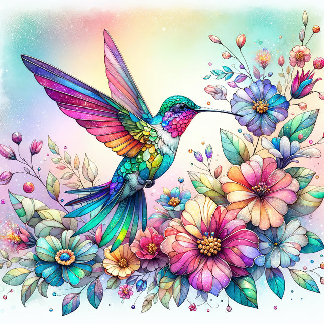 A colorful fabric panel featuring a hummingbird with floral patterns.