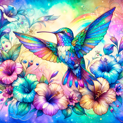 Colorful hummingbird surrounded by flowers with a vibrant, fantasy-like background fabric panel