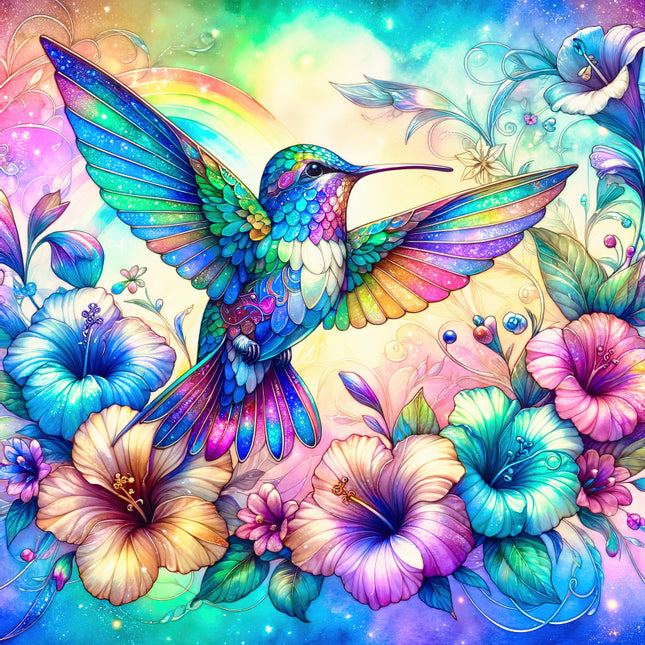 Colorful hummingbird and flowers in a fantasy setting fabric panel