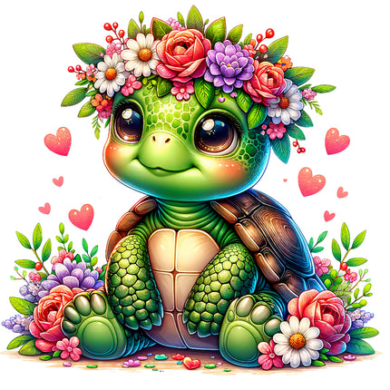 A digitally printed fabric panel featuring a cute baby turtle with a floral wreath on its head, surrounded by colorful flowers and hearts.